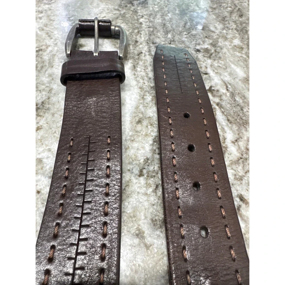 men's dark brown leather Orvis belt thick, rugged‎ strap accent stitch rows 44